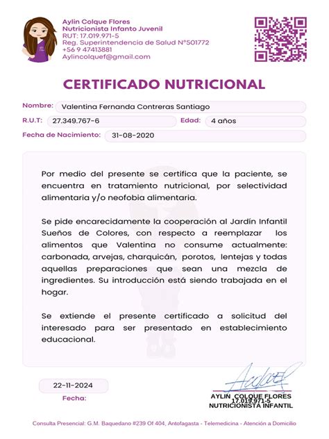 Ejemplo de Talonario de Certificado Nutricional Personalizado