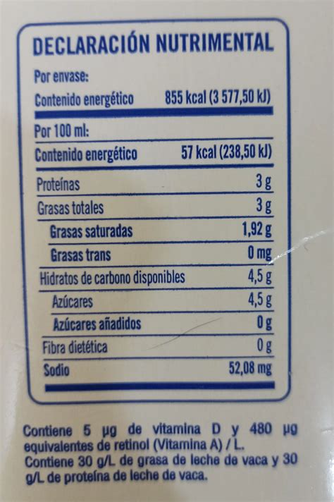 Información Nutricional de la Leche Entera