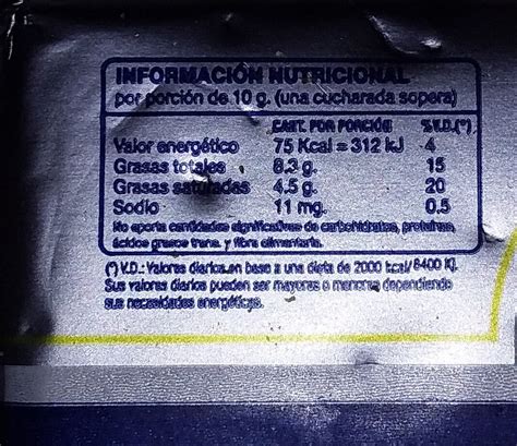 Información nutricional de la Manteca Vegetal
