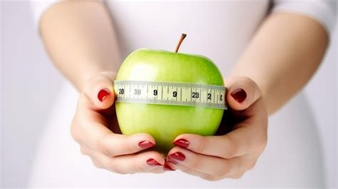 Mujer sosteniendo una manzana y cinta métrica