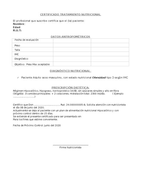Talonario de Certificado de Tratamiento Nutricional